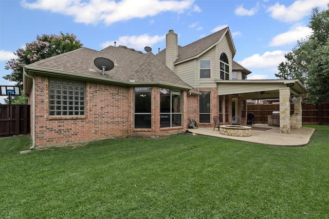 2505 Shoreline Dr, Keller, TX 76248 - rear view of house with a patio, an outdoor fire pit, ceiling fan, a chimney, and brick siding