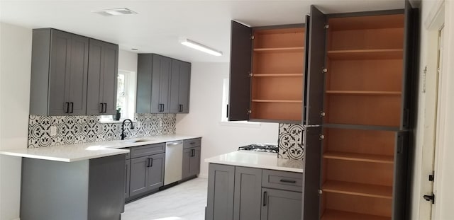 412 Ellis St, Allen, TX 75002 - kitchen featuring open shelves, a sink, stainless steel appliances, tasteful backsplash, and light countertops