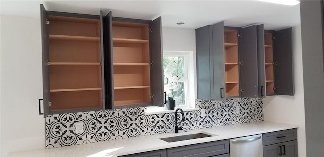 412 Ellis St, Allen, TX 75002 - kitchen featuring open shelves, stainless steel dishwasher, gray cabinets, a sink, and decorative backsplash