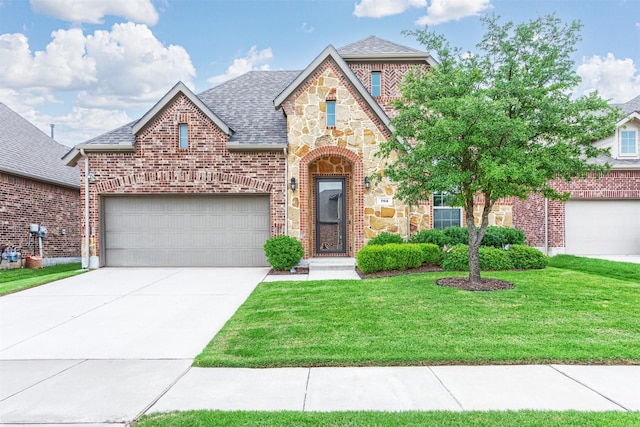 704 Granite Shoals Dr, Mckinney, TX 75071 - view of front of property featuring a front yard, brick siding, stone siding, and concrete driveway