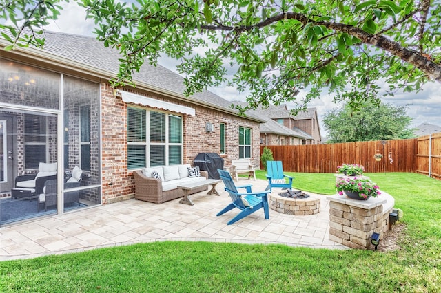 704 Granite Shoals Dr, Mckinney, TX 75071 - view of patio with an outdoor living space with a fire pit