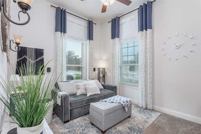 704 Granite Shoals Dr, Mckinney, TX 75071 - living area with a ceiling fan, carpet flooring, and baseboards