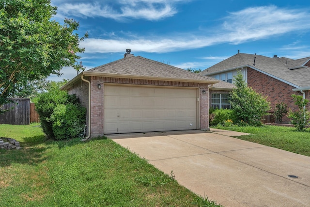 812 Piedmont Dr, Mckinney, TX 75071 - ranch-style house featuring brick siding, concrete driveway, an attached garage, a shingled roof, and a chimney