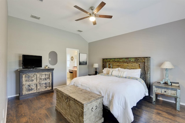 115 Roundup Rd, Waxahachie, TX 75165 - bedroom with vaulted ceiling, wood finished floors, baseboards, and ceiling fan