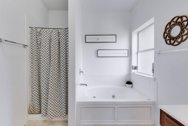 115 Roundup Rd, Waxahachie, TX 75165 - bathroom featuring a whirlpool tub, a shower with shower curtain, and vanity