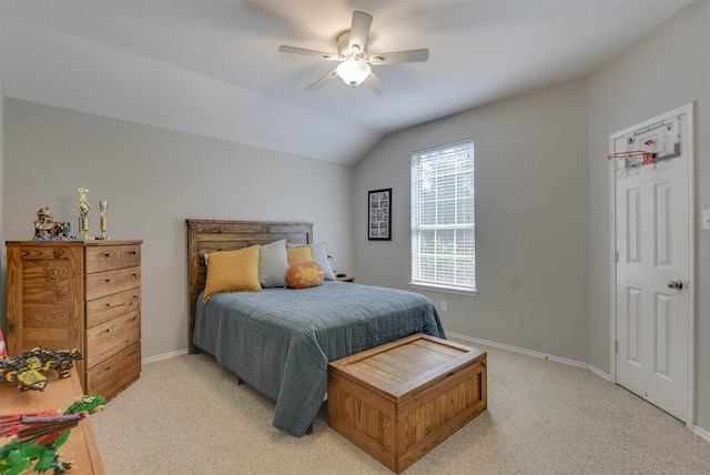 115 Roundup Rd, Waxahachie, TX 75165 - bedroom with light carpet, baseboards, lofted ceiling, and ceiling fan