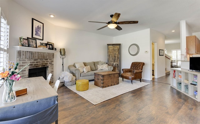 115 Roundup Rd, Waxahachie, TX 75165 - living area with ceiling fan, wood finished floors, a fireplace, recessed lighting, and baseboards