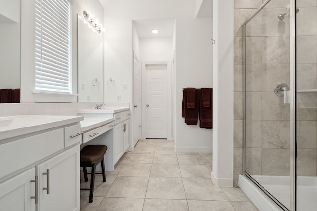 1809 13th St, Argyle, TX 76226 - full bathroom featuring vanity, a shower stall, tile patterned floors, and recessed lighting