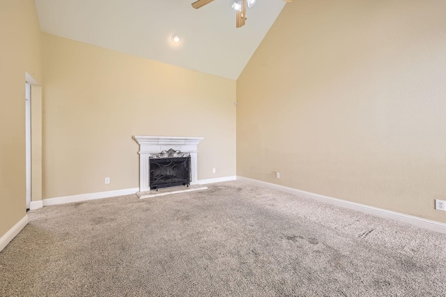 117 Parkview Dr, Saginaw, TX 76179 - unfurnished living room featuring carpet, a ceiling fan, high vaulted ceiling, baseboards, and a fireplace with raised hearth