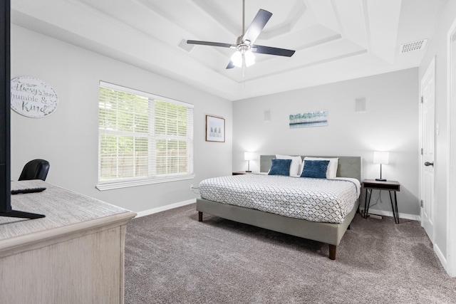 475 Maywood, Woodway, TX 76712 - carpeted bedroom featuring a raised ceiling, baseboards, and a ceiling fan