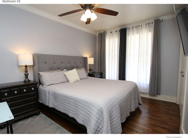 1951 College Ave, Fort Worth, TX 76110 - bedroom featuring crown molding, multiple windows, wood finished floors, baseboards, and ceiling fan