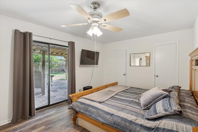226 Hillcrest St, Sanger, TX 76266 - bedroom with access to outside, wood finished floors, and a ceiling fan