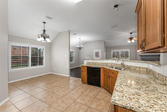 203 Mustang Trl, Celina, TX 75009 - kitchen featuring a sink, dishwasher, a chandelier, brown cabinetry, and light tile patterned flooring