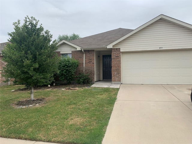 833 San Miguel Trl, Fort Worth, TX 76052 - single story home with brick siding, a garage, concrete driveway, a front lawn, and a shingled roof