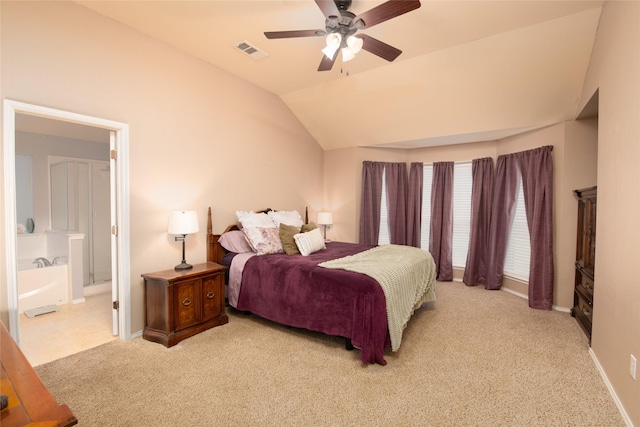 4017 Summerhill Ln, Fort Worth, TX 76244 - bedroom featuring light carpet, baseboards, vaulted ceiling, and ceiling fan