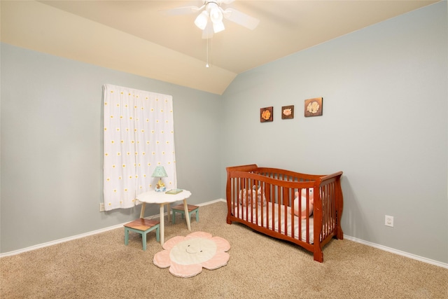 4017 Summerhill Ln, Fort Worth, TX 76244 - carpeted bedroom featuring a crib, vaulted ceiling, baseboards, and a ceiling fan