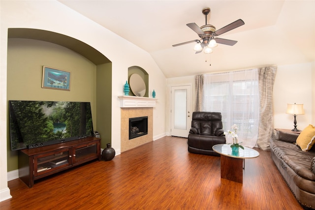 4017 Summerhill Ln, Fort Worth, TX 76244 - living area with vaulted ceiling, wood finished floors, ceiling fan, a fireplace, and baseboards
