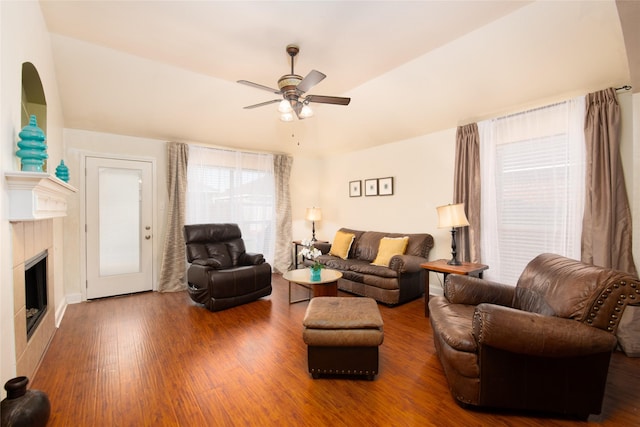 4017 Summerhill Ln, Fort Worth, TX 76244 - living area featuring a ceiling fan, a fireplace, wood finished floors, and lofted ceiling