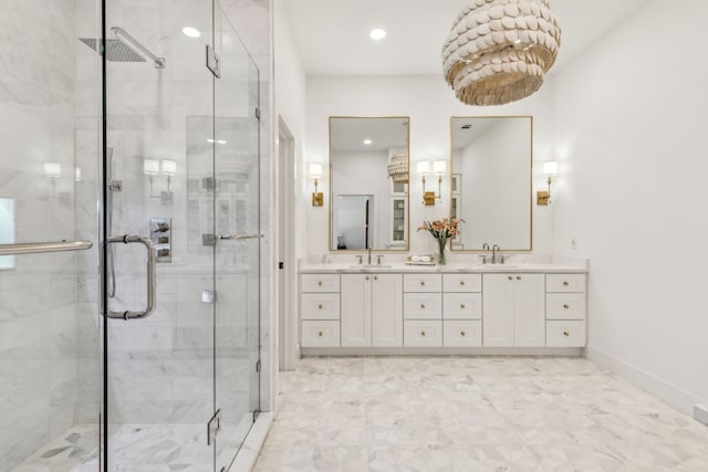 4162 Allencrest Ln, Dallas, TX 75244 - full bath with double vanity, a stall shower, baseboards, and recessed lighting