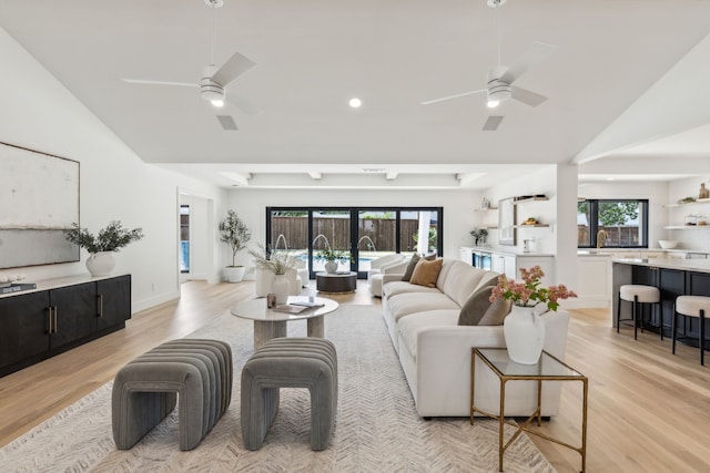 4162 Allencrest Ln, Dallas, TX 75244 - living room featuring ceiling fan, lofted ceiling, light wood-style floors, and recessed lighting