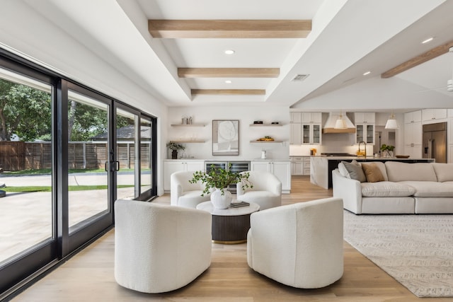 4162 Allencrest Ln, Dallas, TX 75244 - living area with beam ceiling, light wood-style floors, and recessed lighting