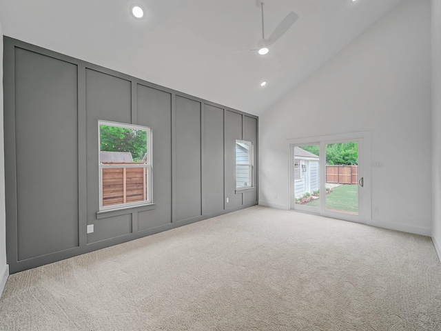 209 S Marlborough Ave, Dallas, TX 75208 - spare room featuring a decorative wall, a ceiling fan, carpet floors, high vaulted ceiling, and recessed lighting