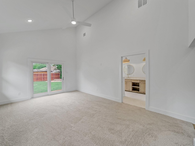 209 S Marlborough Ave, Dallas, TX 75208 - empty room featuring high vaulted ceiling, carpet, ceiling fan, baseboards, and recessed lighting