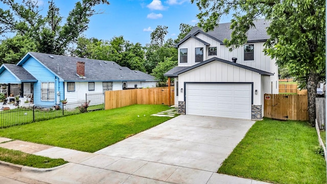 4017 Carl St, Dallas, TX 75210 - modern inspired farmhouse with driveway, board and batten siding, stone siding, a garage, and a shingled roof