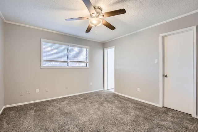 8 Canyon Ridge Dr, Fate, TX 75087 - empty room featuring a ceiling fan, a textured ceiling, carpet flooring, crown molding, and baseboards