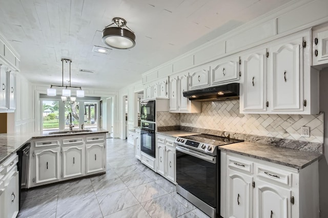 8 Canyon Ridge Dr, Fate, TX 75087 - kitchen featuring black appliances, under cabinet range hood, a sink, white cabinets, and decorative backsplash