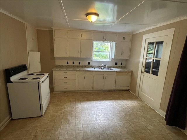 920 Anna St, Denton, TX 76201 - kitchen featuring white appliances, light countertops, a sink, and crown molding