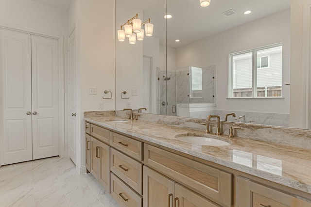 14448 Walsh, Aledo, TX 76008 - full bathroom featuring a marble finish shower, double vanity, marble look tile flooring, and recessed lighting