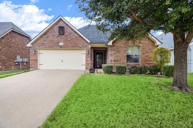 5204 Agave Way, Fort Worth, TX 76126 - view of front of house featuring brick siding, a garage, driveway, a front lawn, and a shingled roof