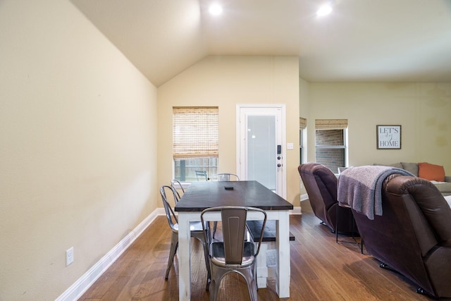 5204 Agave Way, Fort Worth, TX 76126 - dining area with dark wood-style floors, baseboards, and lofted ceiling