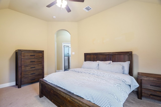 5204 Agave Way, Fort Worth, TX 76126 - bedroom featuring arched walkways, lofted ceiling, light carpet, ceiling fan, and baseboards