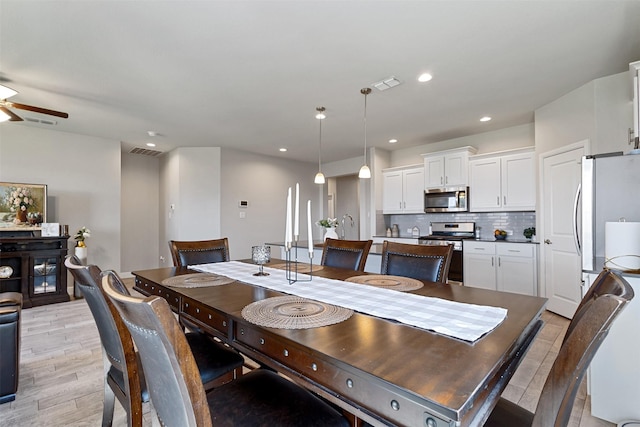 11413 Leeson St, Fort Worth, TX 76052 - dining space featuring a ceiling fan, light wood-type flooring, and recessed lighting