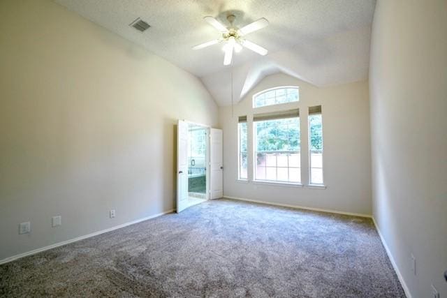 833 Tablerock Way, Lewisville, TX 75077 - unfurnished room featuring a ceiling fan, carpet floors, lofted ceiling, baseboards, and a textured ceiling