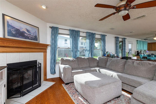 13412 Dove Ranch Rd, Fort Worth, TX 76262 - living room featuring ceiling fan, light wood-type flooring, and a textured ceiling
