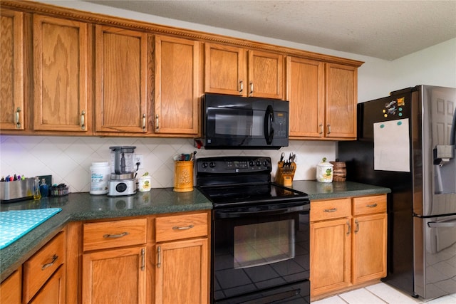 13412 Dove Ranch Rd, Fort Worth, TX 76262 - kitchen featuring black appliances, brown cabinetry, decorative backsplash, and a textured ceiling