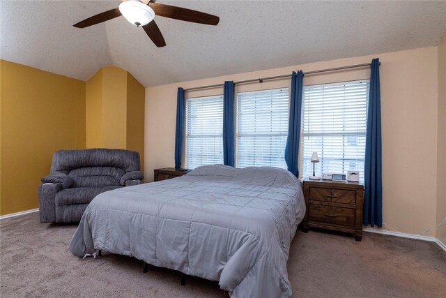 13412 Dove Ranch Rd, Fort Worth, TX 76262 - bedroom with carpet, vaulted ceiling, a textured ceiling, baseboards, and a ceiling fan