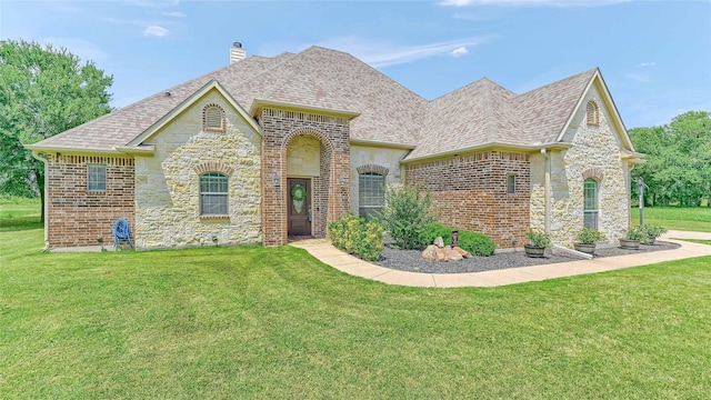 489 Roberts Run, Sherman, TX 75092 - french provincial home with a chimney, stone siding, and a front lawn