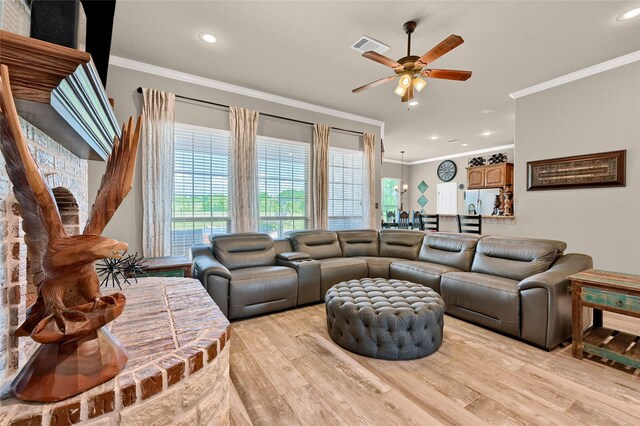 489 Roberts Run, Sherman, TX 75092 - living room with ornamental molding, a ceiling fan, light wood-type flooring, and recessed lighting