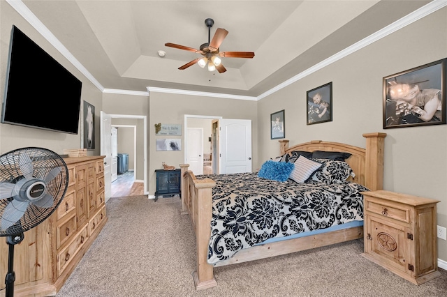 489 Roberts Run, Sherman, TX 75092 - bedroom featuring light colored carpet, a raised ceiling, baseboards, a ceiling fan, and ornamental molding