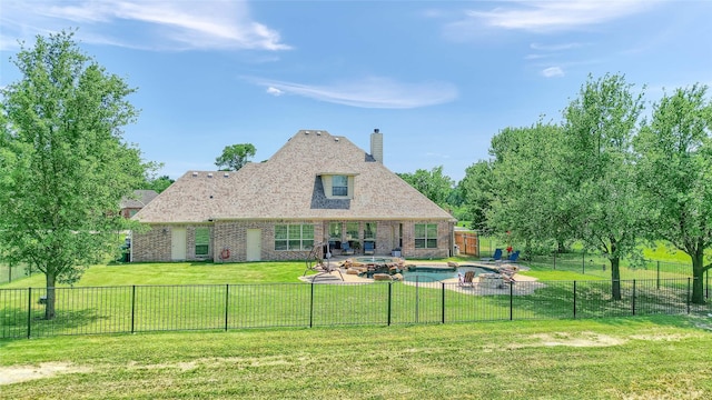 489 Roberts Run, Sherman, TX 75092 - rear view of house featuring a chimney, a patio area, brick siding, and a pool with connected hot tub