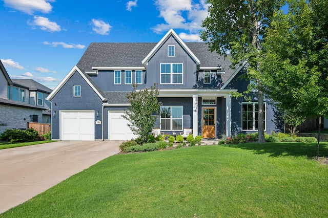241 Seven Oaks Dr, Prosper, TX 75078 - view of front of house featuring an attached garage, driveway, a front lawn, roof with shingles, and board and batten siding