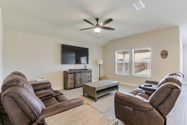 704 Griffith Park Trl, Alvarado, TX 76009 - living area featuring a ceiling fan, baseboards, lofted ceiling, and light wood finished floors