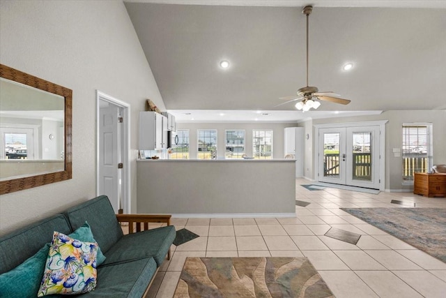 970 Gulfview Dr, Crystal Beach, TX 77650 - living room featuring baseboards, a ceiling fan, light tile patterned floors, recessed lighting, and french doors