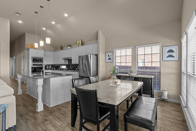 9212 Brittlebrush Trl, Fort Worth, TX 76177 - kitchen featuring appliances with stainless steel finishes, high vaulted ceiling, a sink, an island with sink, and decorative backsplash