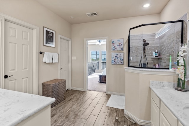 9212 Brittlebrush Trl, Fort Worth, TX 76177 - bathroom with a tile shower, wood finished floors, vanity, baseboards, and a ceiling fan