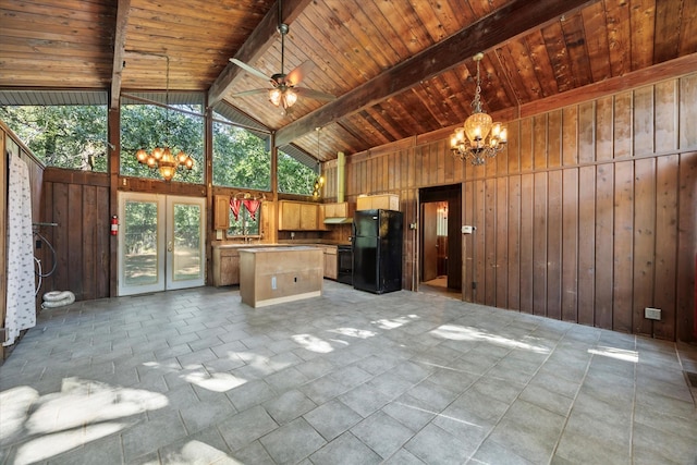 9598 Brockrim Ln, Quinlan, TX 75474 - kitchen featuring black appliances, a chandelier, wooden walls, high vaulted ceiling, and wooden ceiling with exposed beams